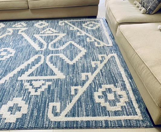 Kalamata Cream Blue Shaggy Carpet (Rectangle)