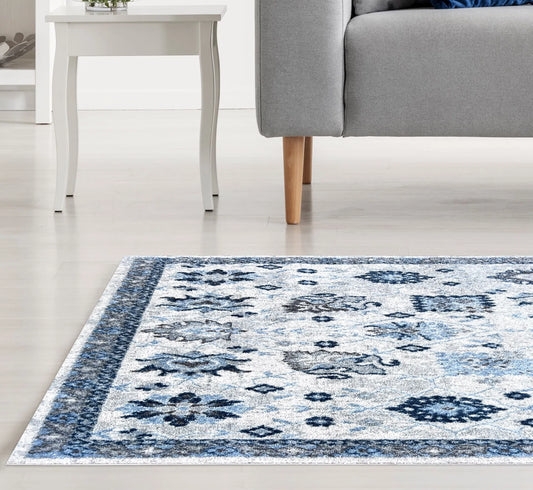 Ode Distressed Design Cream Sky Blue Carpet (Rectangle)