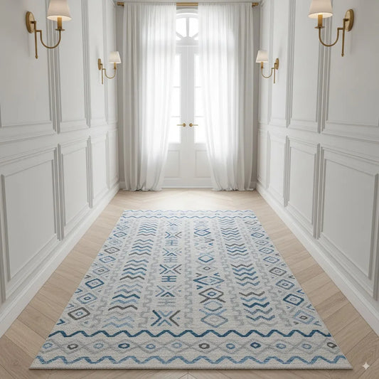 Agia Cream Blue Distressed Design Carpet (Runner)