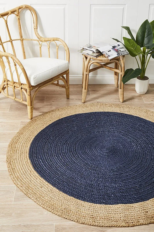 Antalya Natural Beige, Navy Blue Carpet (Round)