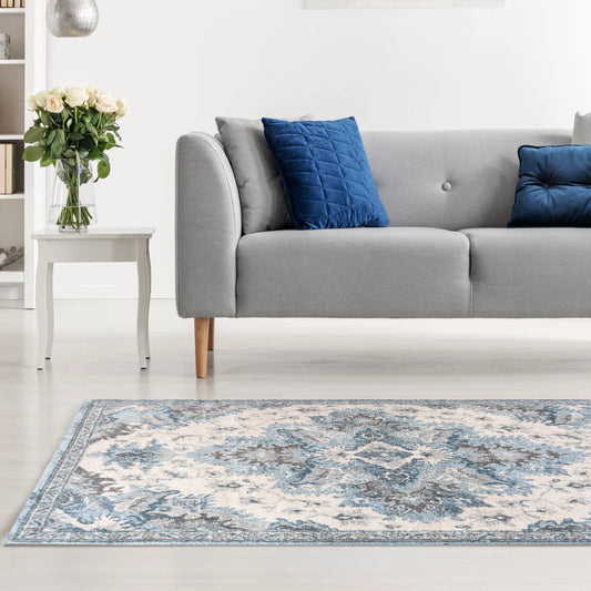 Messini Distressed Design Cream Blue Carpet (Square)