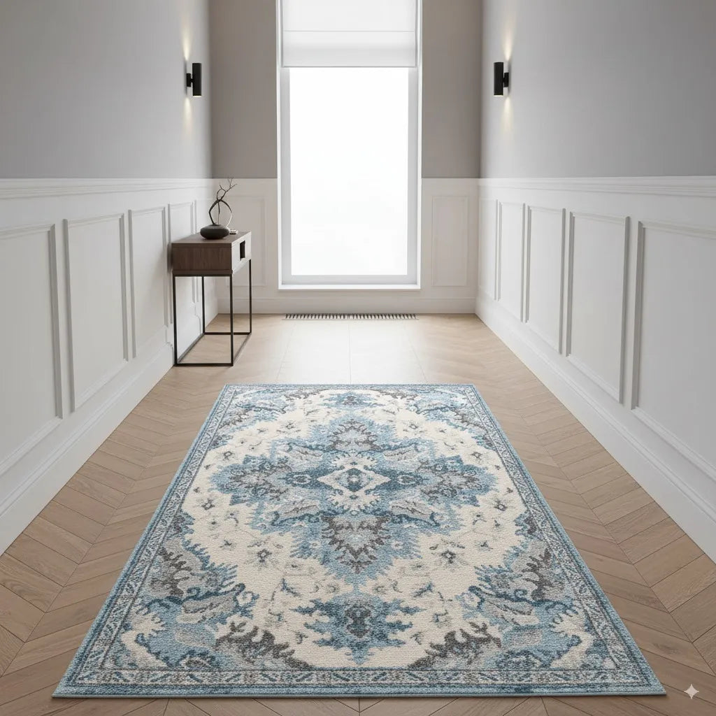 Messini Distressed Design Cream Blue Carpet (Square)