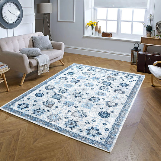 Ode Distressed Design Cream Sky Blue Carpet (Rectangle)