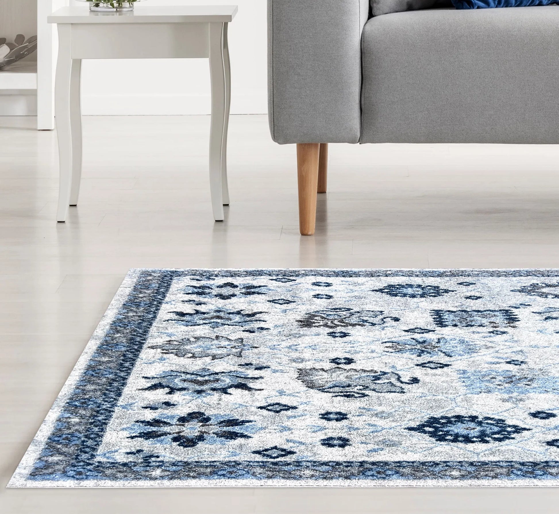Ode Distressed Design Cream Sky Blue Carpet (Runner)