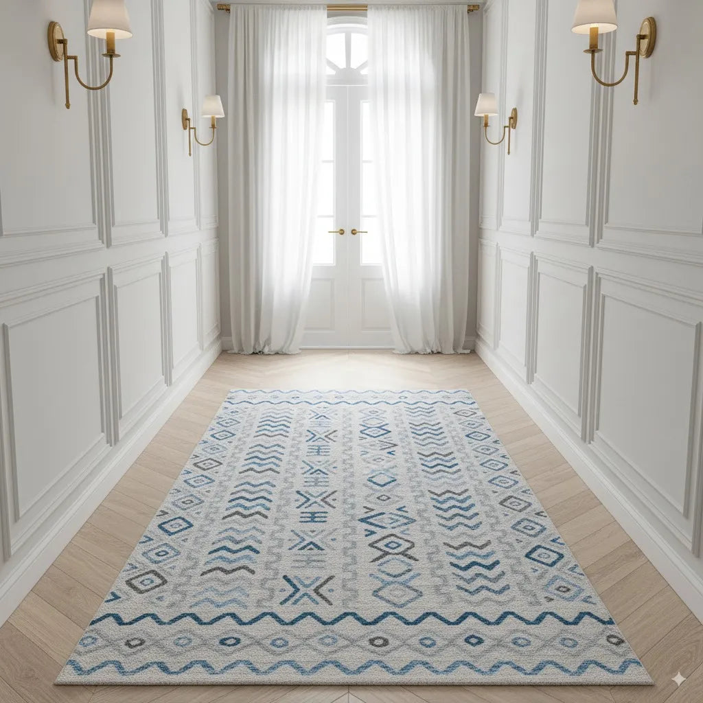 Agia Cream Blue Distressed Design Carpet (Runner)