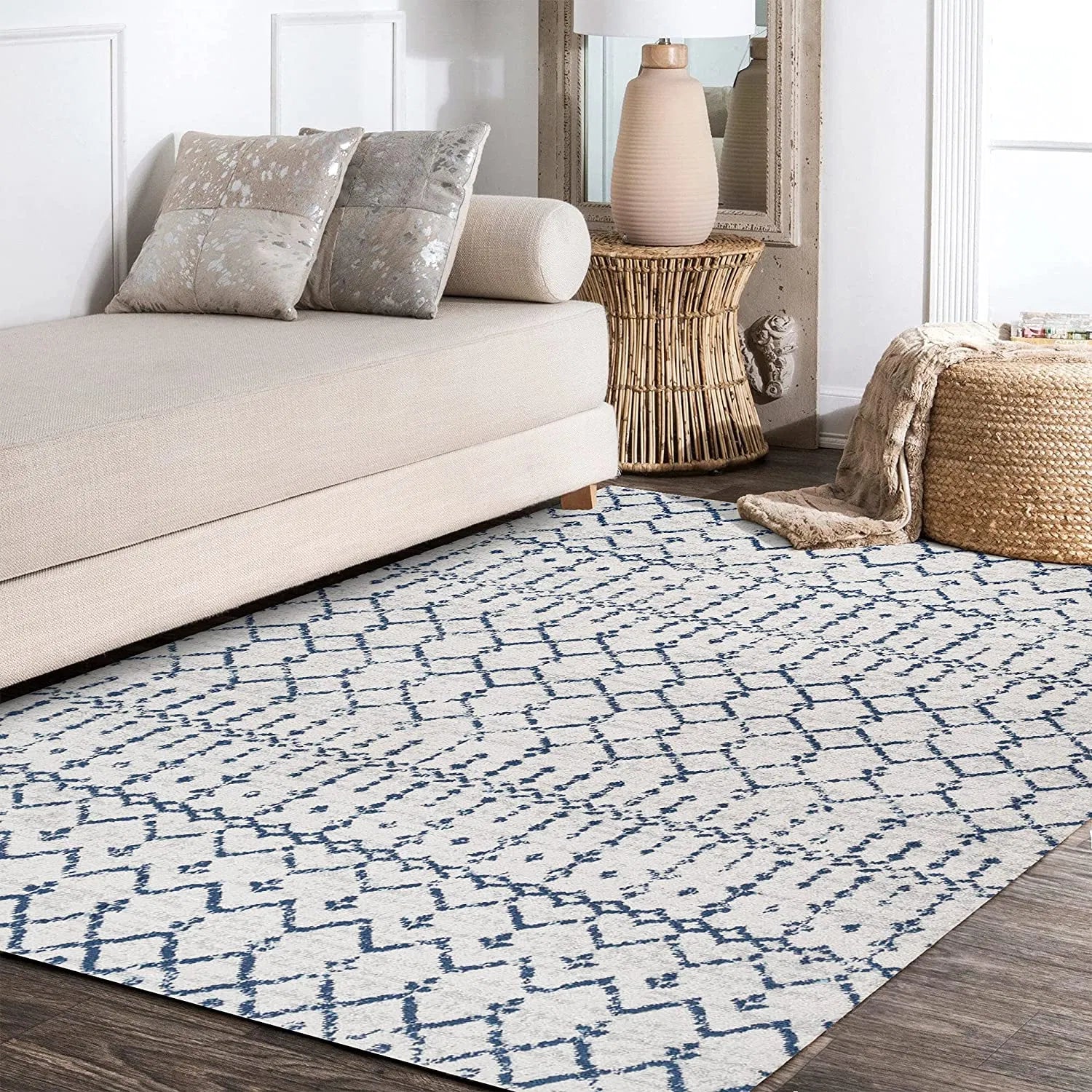 Bridgeton Cream Navy Blue Distressed Design Carpet (Runner)