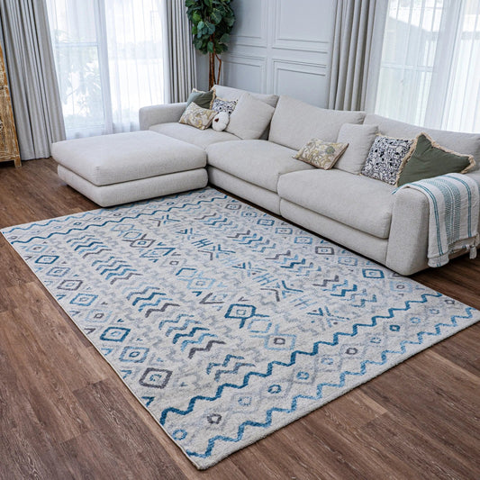 Agia Cream Blue Distressed Design Carpet (Runner)