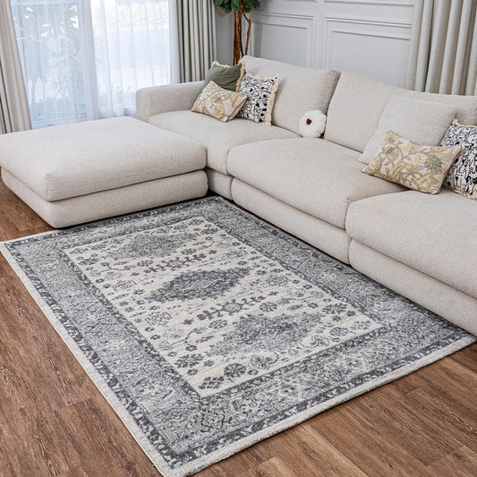Kavala Cream Grey Distressed Design Carpet (Square)