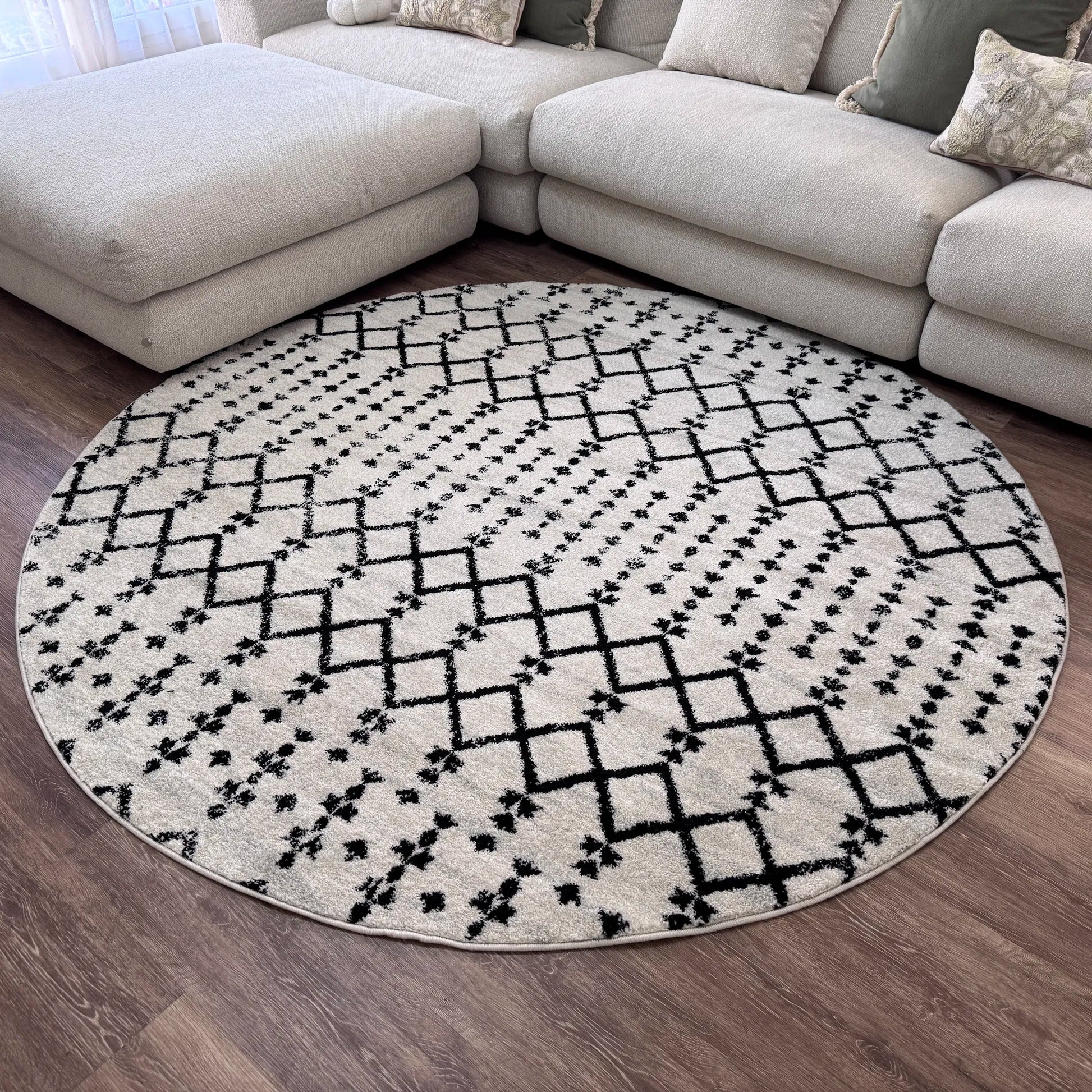 Rodos Cream Black Distressed Design Carpet (Round)