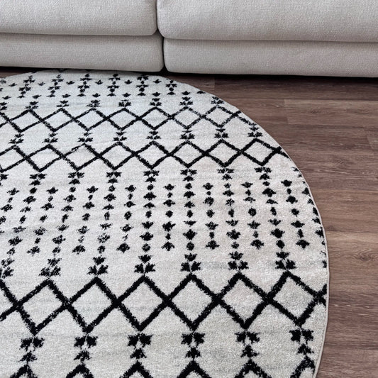 Rodos Cream Black Distressed Design Carpet (Round)