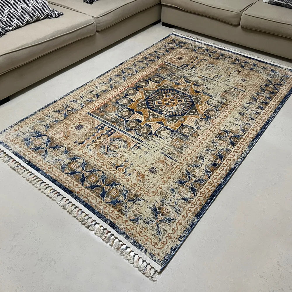 Kos Beige Blue Distressed Design Carpet (Rectangle)