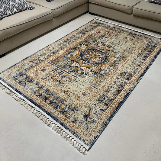 Kos Beige Blue Distressed Design Carpet (Rectangle)