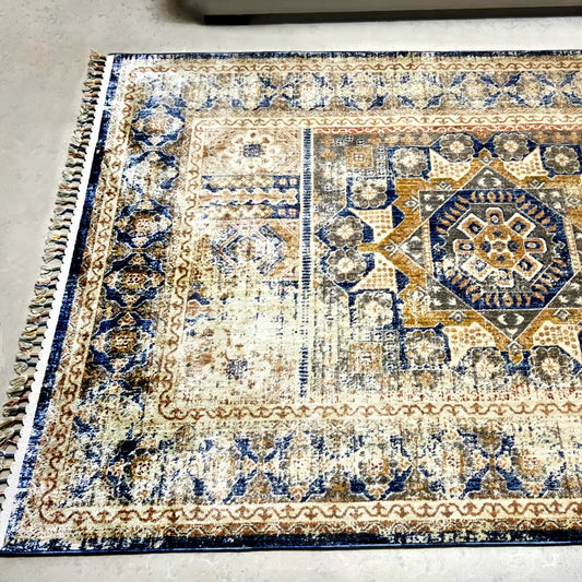 Kos Beige Blue Distressed Design Carpet (Rectangle)