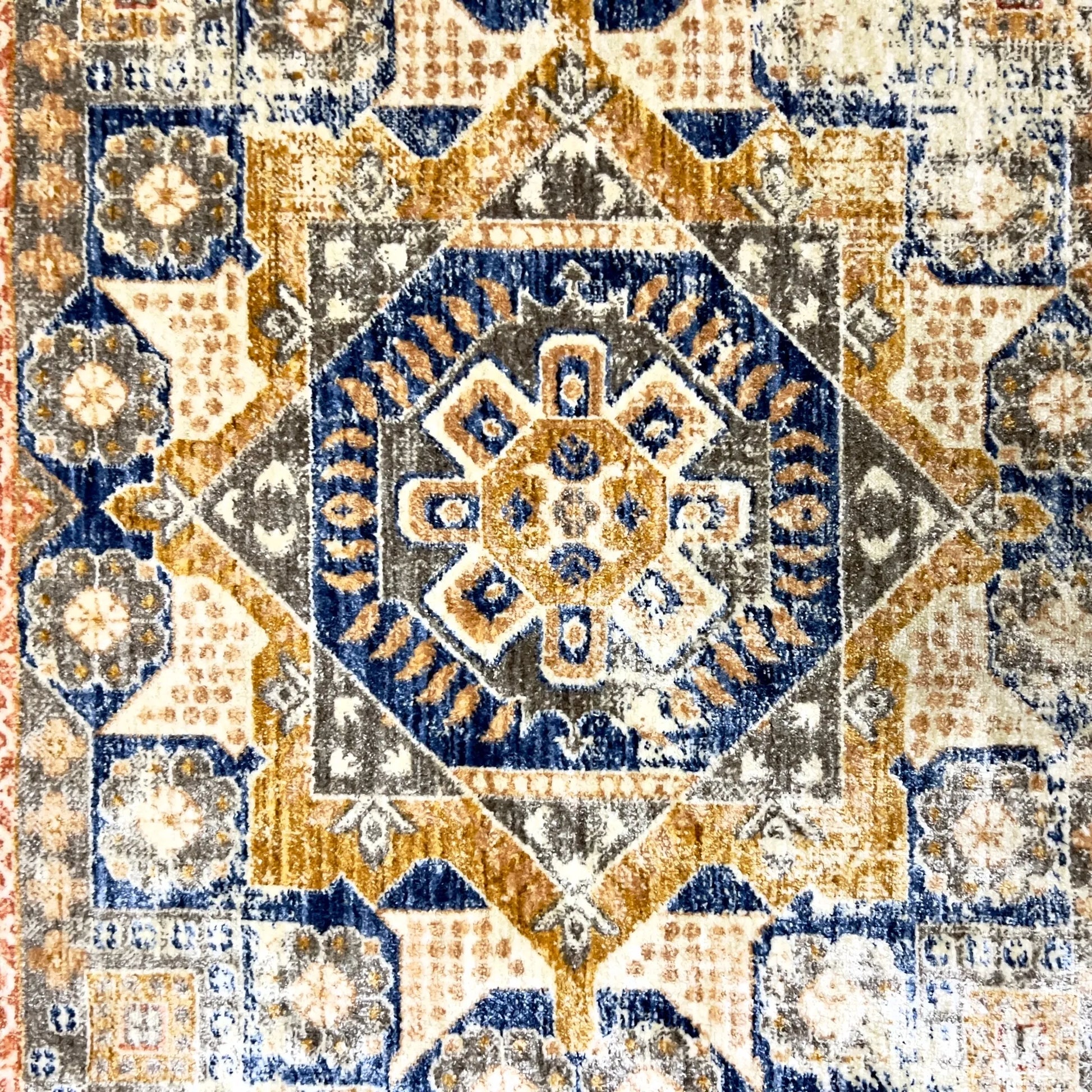 Kos Beige Blue Distressed Design Carpet (Rectangle)