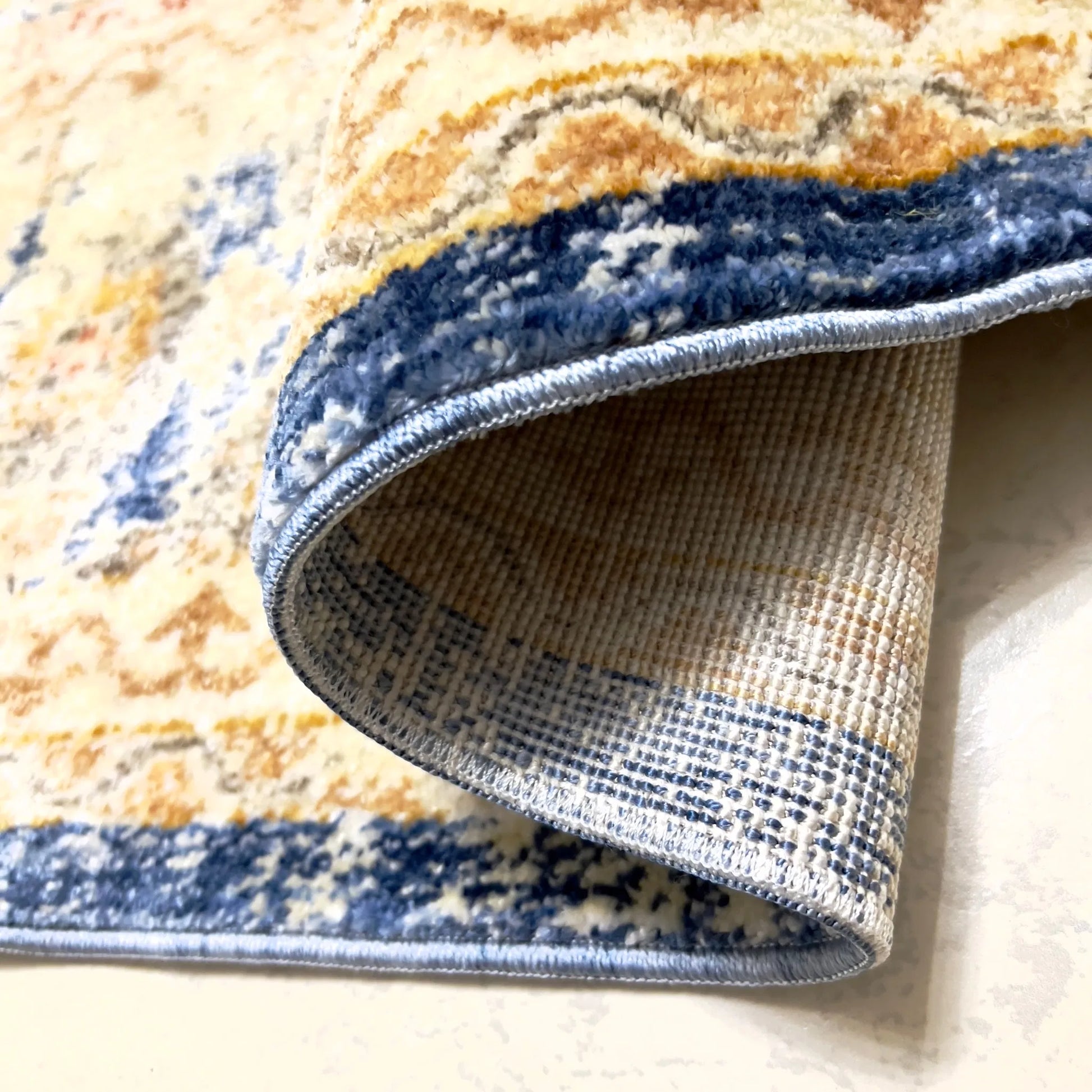 Kos Beige Blue Distressed Design Carpet (Rectangle)