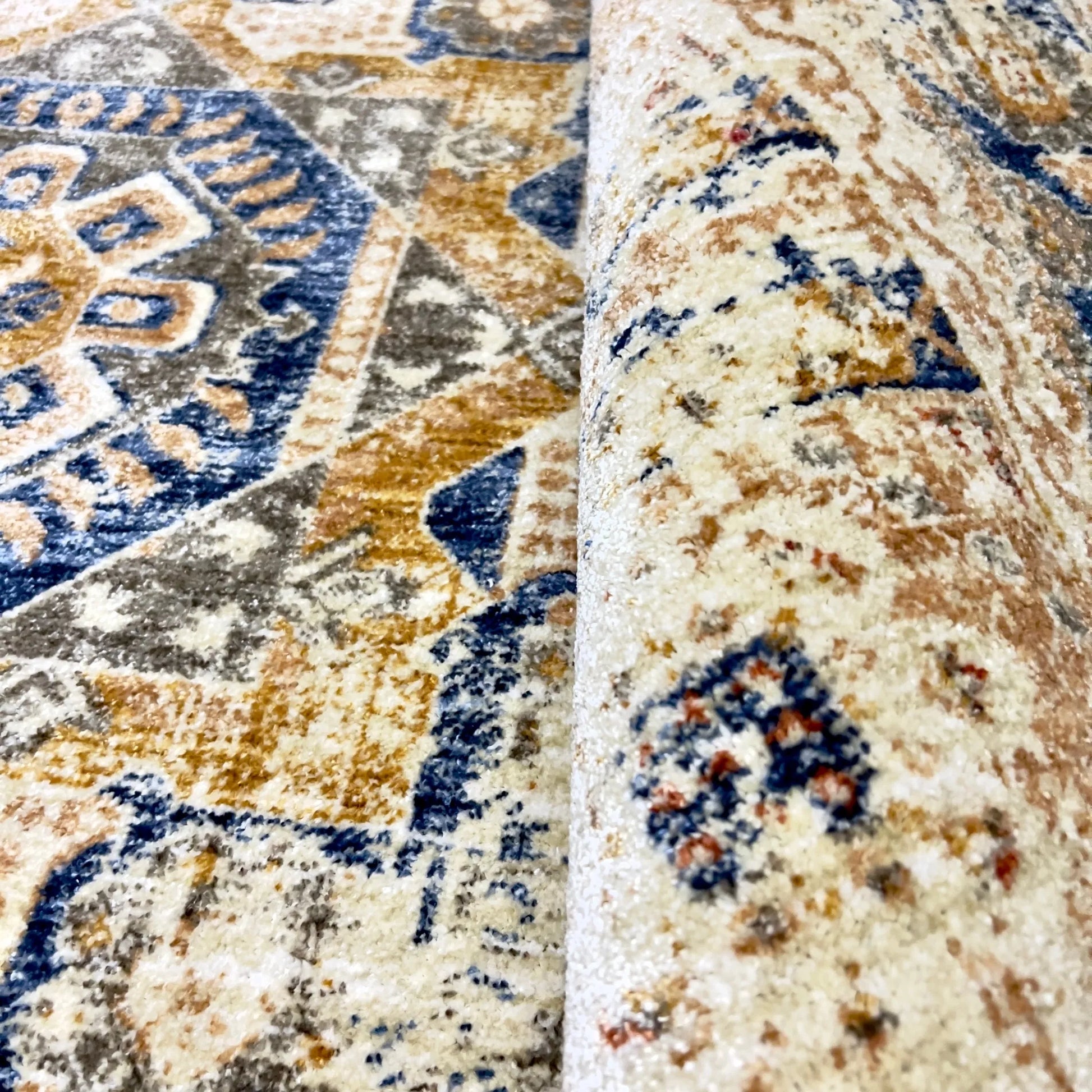 Kos Beige Blue Distressed Design Carpet (Rectangle)
