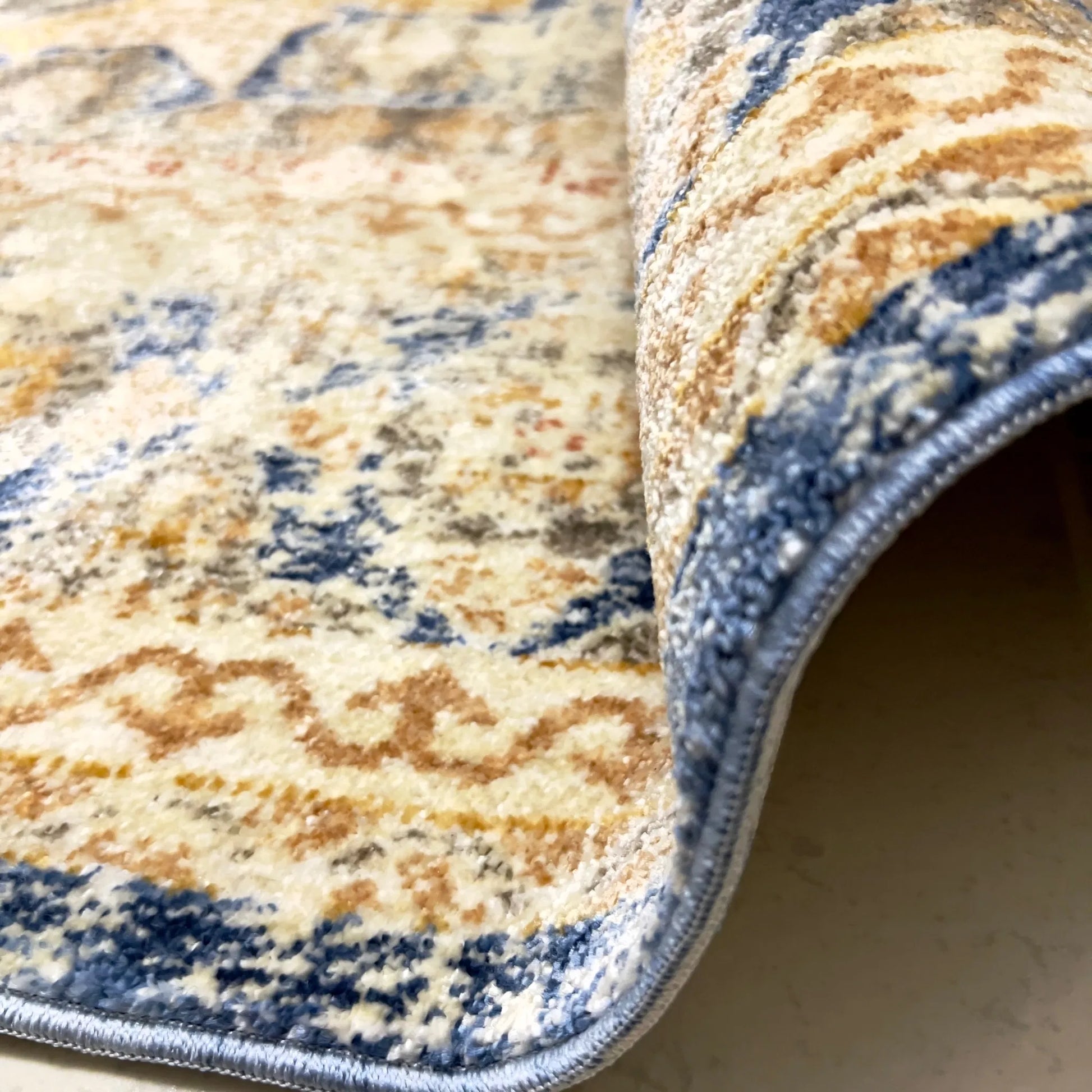Kos Beige Blue Distressed Design Carpet (Rectangle)