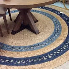 Madras Natural Beige, Navy Blue Carpet (Round)
