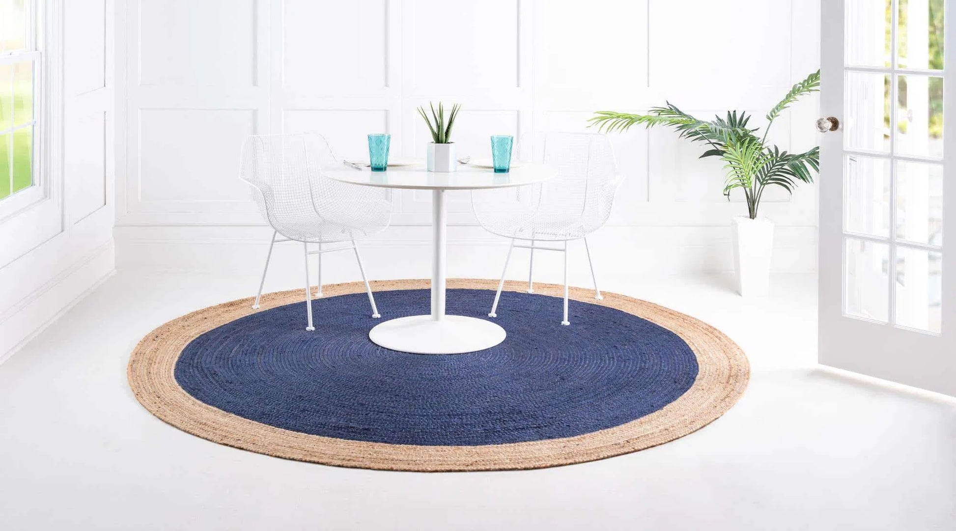 Antalya Natural Beige, Navy Blue Carpet (Round)