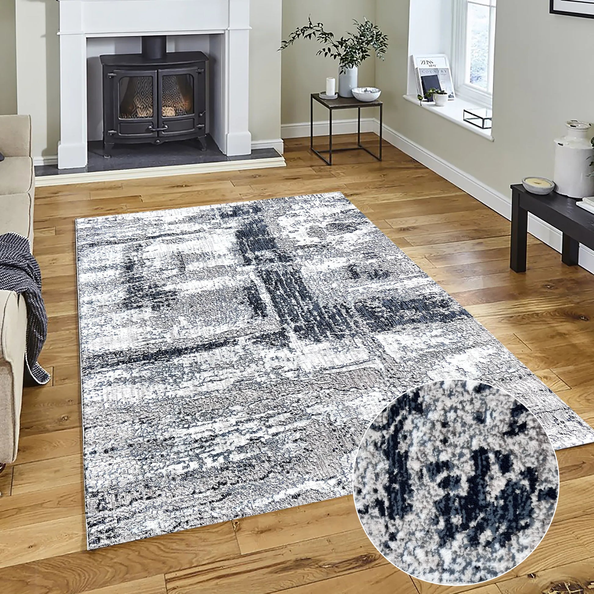 Shatha Beige, Navy Blue Carpet (Runner)